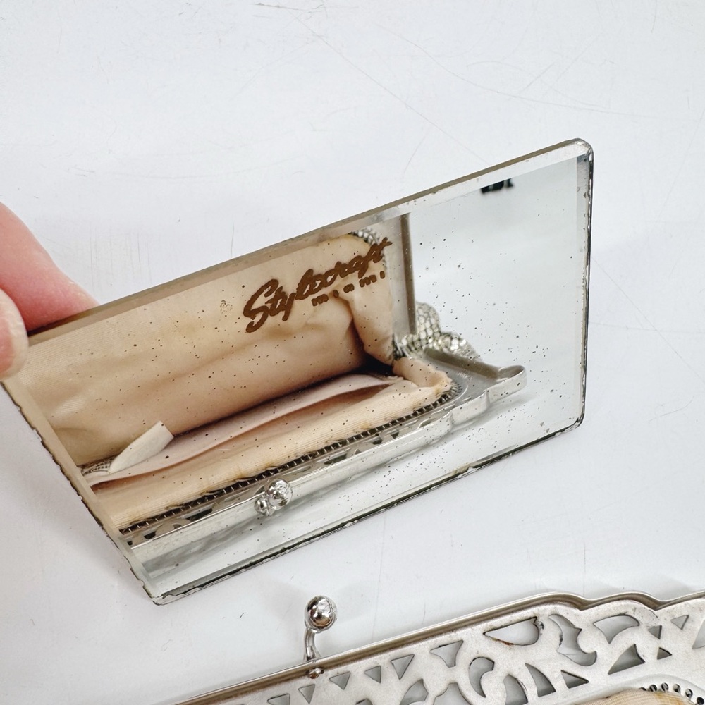 Vintage Whiting & Davis Silver Mesh Evening Bag Art Deco Frame Mirror - Picture 7 of 11